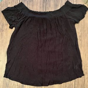 Crepey material Swiss dot off the shoulder top